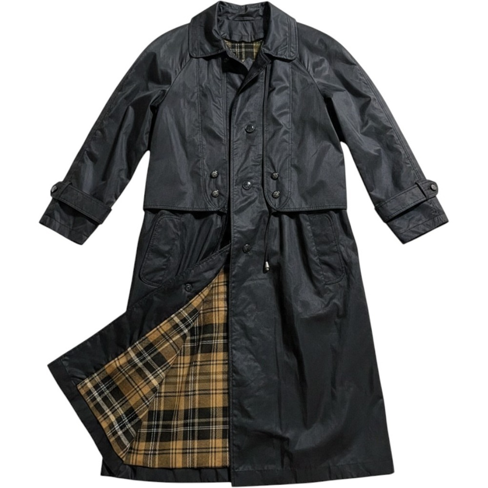 British Mist Vintage Black Trench Coat Plaid Lined Rain Jacket Womens 14P